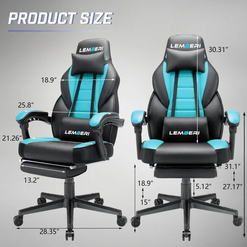 Vista 3 de LEMBERI Sillas de juegos para adultos, sillas ergonómicas de videojuegos con reposapiés, silla de juegos grande y alta, capacidad de peso de 400