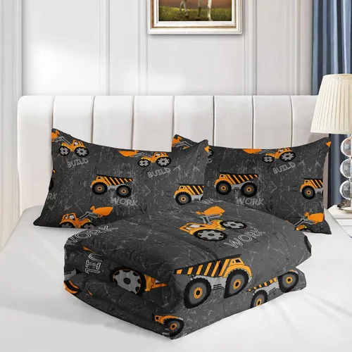 Vista 4 de Juego de edredón de camión de construcción para niños varones, niños, maquinaria excavadoras vehículos tractor juego de ropa de cama con 1 edredón