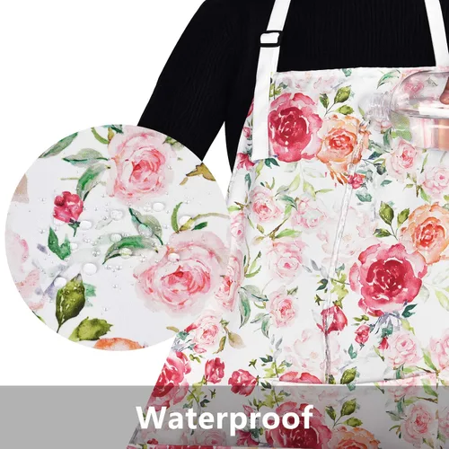 Vista 5 de Claswcalor Delantal de flores rosas con bolsillos, delantal floral para cocinar, delantal de cocina con rosas de acuarela para mujer, delantal