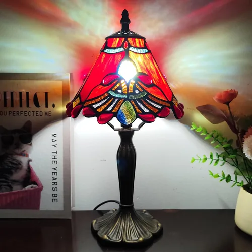 Vista 3 de Tiffany - Lámpara de mesa con perlas rojas, estilo barroco, vitral, luz de escritorio, pequeña lámpara de noche estilo Tiffany con bombilla LED