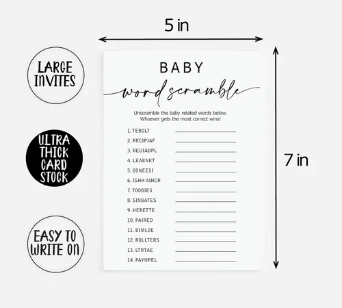 Vista 4 de All Ewired Up Juego de 50 palabras para baby shower (50 cartas), divertido juego de baby shower, género neutro para niño o niña, minimalista