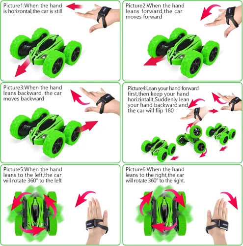 Vista 5 de Paquete de 2 relojes RC Stunt Car con sensor de gestos 4WD de doble cara giratoria de 360 grados recargable de alta velocidad 2.4 GHZ todoterreno
