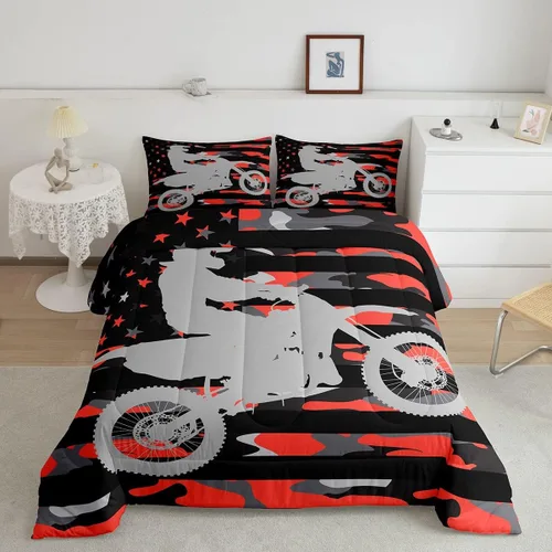 Vista 9 de Feelyou Kids Green Dirt Bike Duvet Insert Twin Size, Extreme Sports Comforter Set Boys Girls Motorbike Bedding Set Teens Bedroom Decor Microfiber