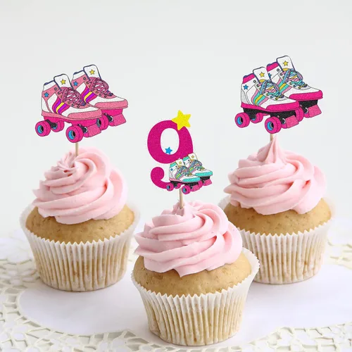Vista 3 de 18 piezas de decoración de cupcakes de patinaje sobre ruedas para cumpleaños de 9 años, para niñas, patinaje sobre ruedas para fiesta de cumpleaños