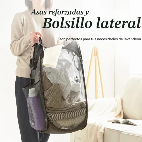 Vista 3 de Cesta de malla desplegable para ropa sucia con asas duraderas - Cesta plegable portátil para dormitorio, baño y viajes (negro)
