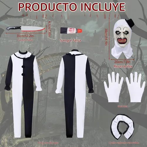 Vista 2 de Disfraz de payaso artístico para cosplay, disfraz de terror de Halloween, payaso asesino, traje de terror con overol de máscara de látex, cuchillo