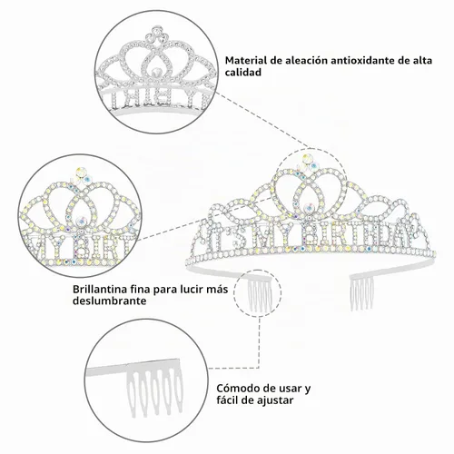 Vista 5 de Corona de cumpleaños plateada, banda con purpurina para cumpleaños, tiara para fiestas y decoraciones AB-Plata