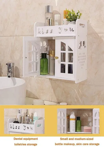 Vista 4 de Estante de almacenamiento de artículos de tocador para colgar en la pared del baño, estante organizador de armario blanco sin rastro con puerta