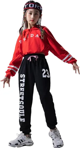 Vista 7 de LOLANTA Conjunto deportivo de 2 piezas con capucha y pantalón deportivo para niñas, estilo hip hop, ropa moderna de baile de jazz, talla 4-16
