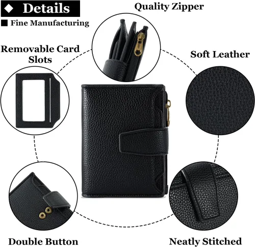 Vista 4 de Carteras de cuero para mujer con bloqueo RFID, billetera delgada, plegable, tarjetero con cremallera, bolsillo para monedas, ventana