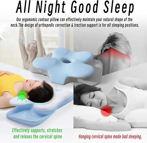 Vista 5 de Almohada cervical para cuello y hombro, almohadas ergonómicas de espuma viscoelástica para dormir con funda de almohada lavable, almohada Azul Cielo
