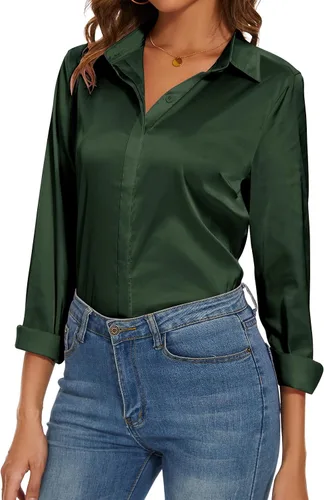 Vista 4 de Blusa de seda de manga larga para mujer, informal, para oficina, trabajo