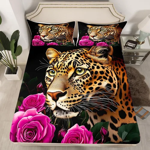 Vista 42 de Erosebridal Juego de sábanas bajeras de rosas rojas y leopardo, tamaño individual, diseño de animales africanos salvajes, diseño de plantas