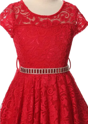 Vista 32 de Little Girl - Vestido de niña con manga de encaje y cinturón de piedras