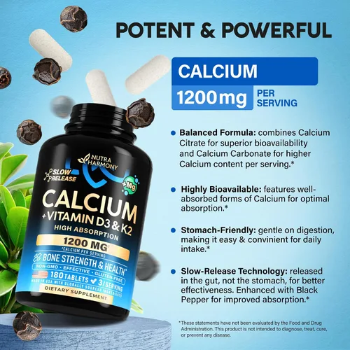 Vista 7 de Calcio 1200 mg con vitamina D3 - Suplementos de citrato de calcio para mujeres y hombres - Salud ósea, fuerza y densidad - Alta absorción