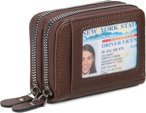 Vista 13 de RNIEGA Cartera pequeña de piel con bloqueo RFID para tarjetas de crédito, cartera pequeña para mujer, doble cremallera con ventana de identificación