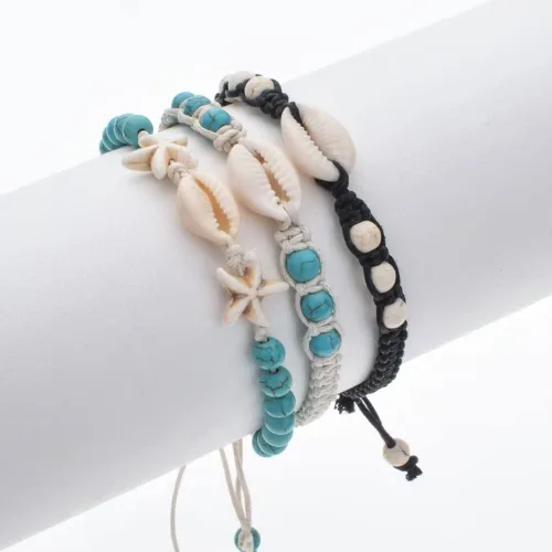 Vista 6 de Aonklot Pulsera de estrella de mar para mujer, pulsera de concha de puka, pulsera de cuentas azules, pulsera de estrella de mar ajustable