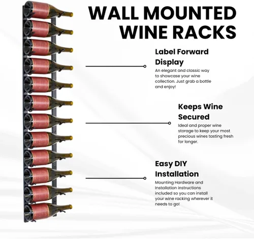 Vista 2 de Jagged Ridge Wine Rooms - Estante de metal para vino montado en la pared de alta calidad - Soporte para 12 botellas de vino - Estante moderno