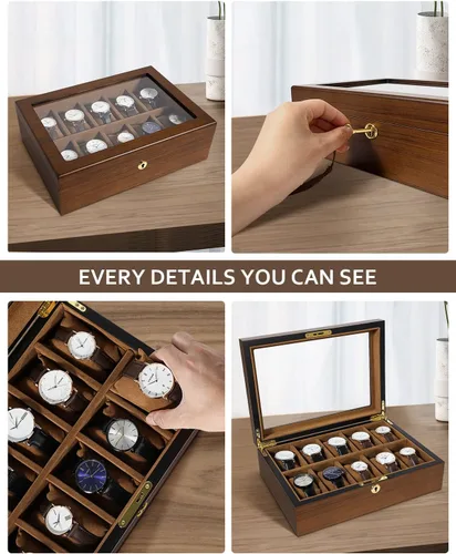 Vista 4 de Uten Caja de reloj con 10 ranuras, organizador de caja de reloj con cerradura dorada y llave, caja de almacenamiento de madera con cojines de reloj