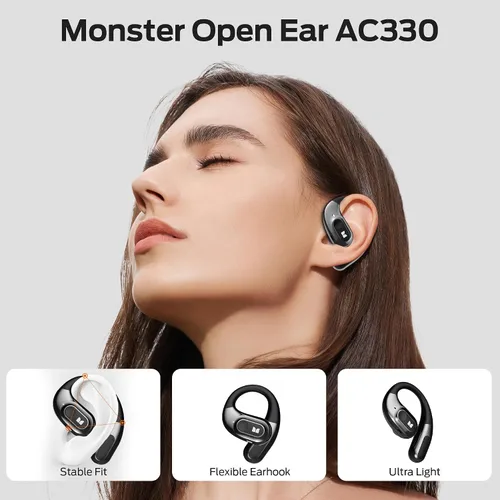 Vista 2 de Monster Audífonos de oreja abierta AC330, auriculares inalámbricos Bluetooth 5.4 con conversación clara, elegante funda giratoria con cordón, carga