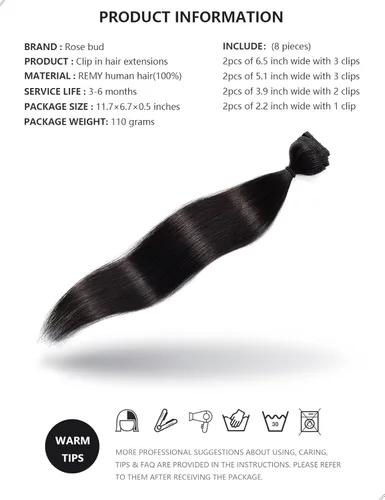 Vista 5 de Rosebud - Extensiones de cabello humano remy con clip, 8 unidades, 18 clips de 14 - 22 pulgadas