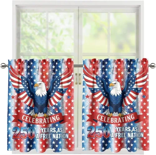 Vista 71 de God Bssing You Tier Curtains for July 4Th 2026 27.5x24 2 Panels Light Filtering Half Window Rod Pocket for Kitchen/Bathroom
