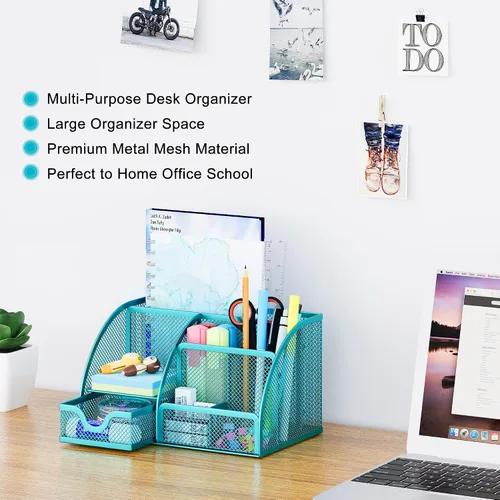 Vista 2 de EasyPAG Organizador de escritorio de malla con cajón multifuncional para bolígrafos, organizador de papelería para suministros escolares de oficina