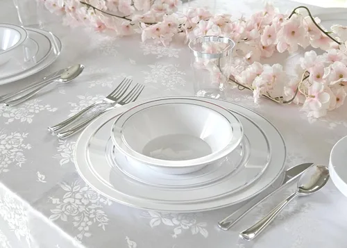 Vista 5 de Platos de plástico desechables Occasions para fiestas de boda (120 unidades), plateado, blanco (White / Silver Rim)