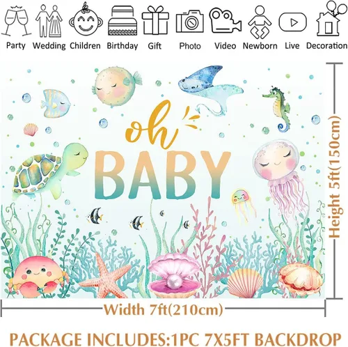 Vista 5 de Avezano Fondo para baby shower con texto en inglés "Under The Sea", para baby shower, fondo de fotografía de baby shower, decoración subacuática, 7
