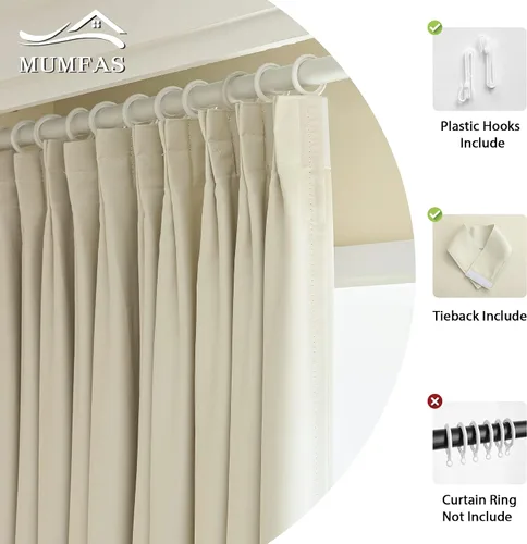 Vista 4 de MUMFAS - Cortina de Pliegue con Enganche, Crema Beige, 52" de ancho x 63" de largo, 50% Opaca, Aislamiento Térmico, Cortina de Puerta de Patio
