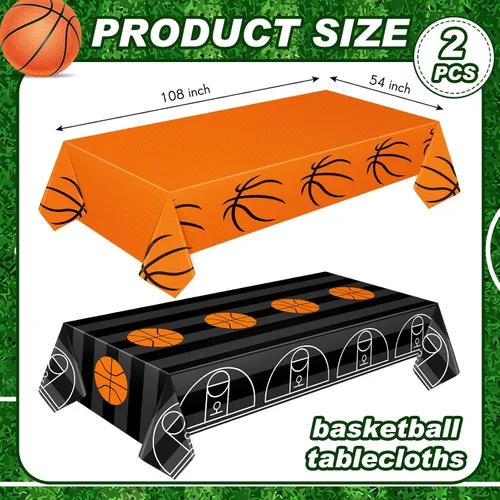 Vista 2 de Mixweer 2 piezas de mantel de plástico para baloncesto, decoraciones de fiesta de cumpleaños, 137 x 274 cm, mantel rectangular de campo