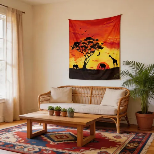 Vista 5 de BROSHAN Tapiz de animales pequeños, pintados a mano con diseño de safari africano, elefante, árbol, silueta de árbol, tapices de tela para colgar