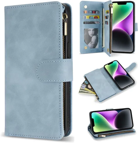 Vista 21 de ZZXX Funda tipo cartera para iPhone 14 Plus con [Bloqueo RFID] Ranura para tarjetas Cuero PU suave premium con cremallera tipo folio plegable