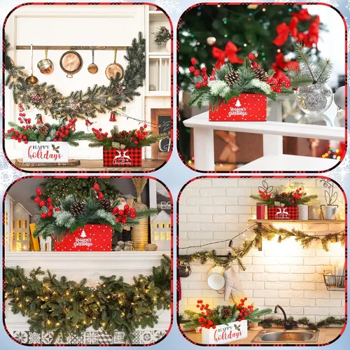 Vista 6 de Hotop Juego de 3 centros de mesa de Navidad, 90 piezas de ramas artificiales nevadas, conos de pino acebo, bayas con caja de madera para casa
