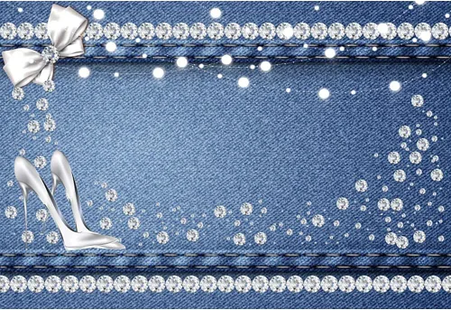 Vista 2 de AOFOTO Telón de fondo azul de mezclilla y diamantes de 5 x 3 pies con purpurina y tacones de cristal con lazo, fondo de fotografía para mujeres