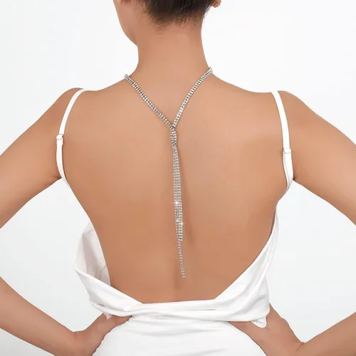Vista 3 de Collar largo con diamantes de imitación en Y, Lariat, cristal plateado y dorado, con circonita cúbica, para mujeres y niñas, cadena para el cuerpo
