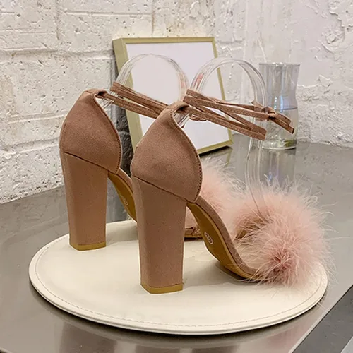 Vista 7 de ZiSUGP Sandalias de tacón alto con pompones y tacón ancho para mujer