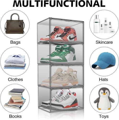 Vista 4 de Paquete de 2 cajas de zapatos de acrílico para armario, transparentes, apilables, tamaño 12 contenedores de almacenamiento de zapatos con tapas