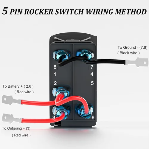 Vista 6 de Interruptor basculante de luces de conducción, SPST interruptor de palanca grabado con láser de 5 pines con LED azul y cables de puente, 12 V/24 V