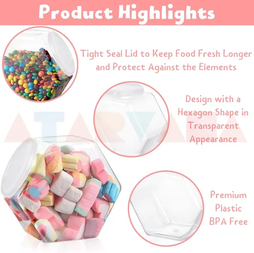 Vista 3 de Atarvana Juego de 4 tarros de plástico para caramelos de 72 onzas, recipientes hexagonales para dulces con tapas herméticas para bufé de dulces