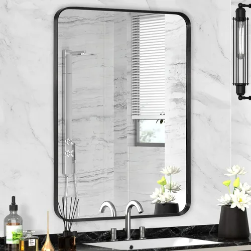 Vista 8 de Espejo arqueado negro de 16" x 20", espejo de pared para baño con arco, espejo de tocador de baño con marco de metal y parte superior arqueada