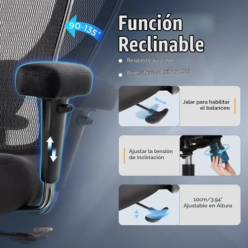 Vista 6 de Silla de escritorio de oficina grande y alta, 500 libras, silla de escritorio ergonómica de malla resistente
