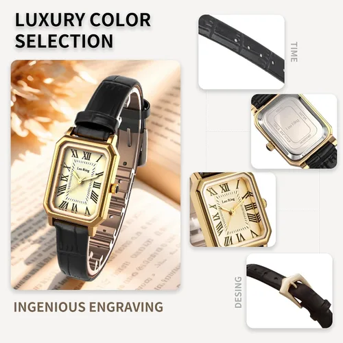 Vista 9 de LEO RING Relojes dorados para mujer, reloj analógico de lujo, delicado y moderno, pequeño, de cuero marrón, caja rectangular, esfera romana