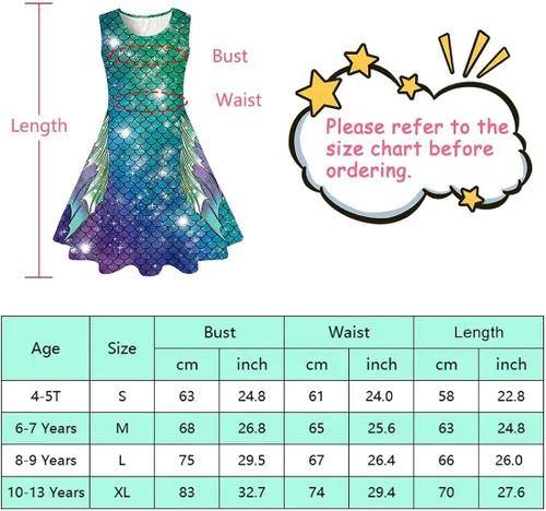 Vista 6 de Funnycokid Girls Mermaid Dress Kids Summer Sleeveless Dresses Birthday Sundress Swing Outfit 4-13 Years