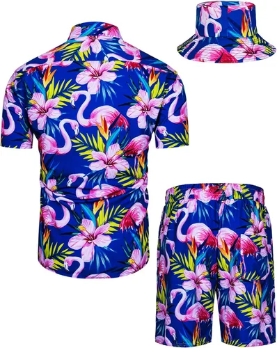 Vista 147 de TUNEVUSE Conjunto de camisas y pantalones cortos hawaianos para hombre, 2 piezas, trajes de playa con estampado de flores, traje tropical de verano