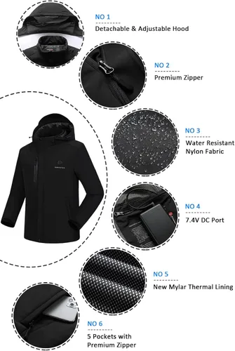 Vista 5 de Venustas Chaqueta térmica para hombre con batería de 7.4 V, resistente al viento con capucha desmontable