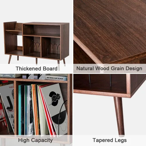 Vista 3 de Mid-Century - Moderno soporte para tocadiscos, mesa de almacenamiento de discos de vinilo con patas de madera, soporte para tocadiscos, soporte