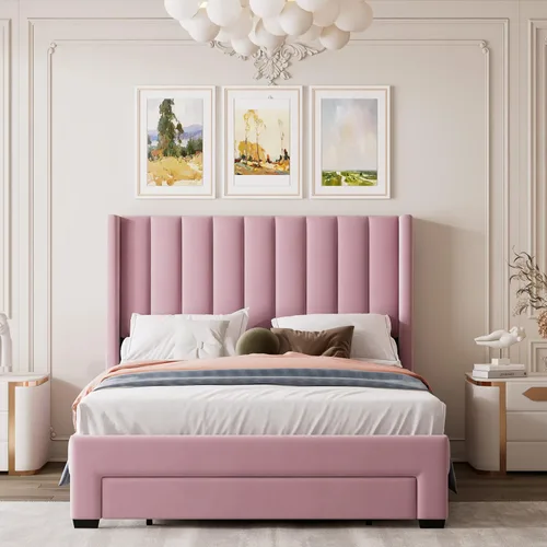 Vista 3 de Merax Moderna cama tapizada con cabecera con respaldo de alas, base de cama con soporte de listones de madera/fácil montaje, tamaño matrimonial