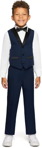 Vista 6 de Nautica Conjunto de traje formal de 4 piezas para niños con chaleco, pantalones, camisa de vestir con cuello y corbata Lino Azul