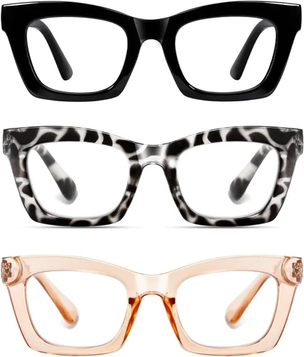 Vista 12 de Paquete de 3 anteojos de lectura con bloqueo de luz azul, marco grueso para Negro+negro rosa+rosa leopardo